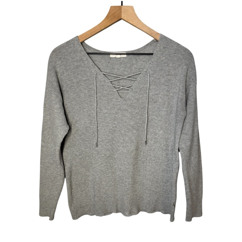 Peyton Primrose Ribbed Knit Laced V-Neck Front Gray Cozy Sweater Sz L
